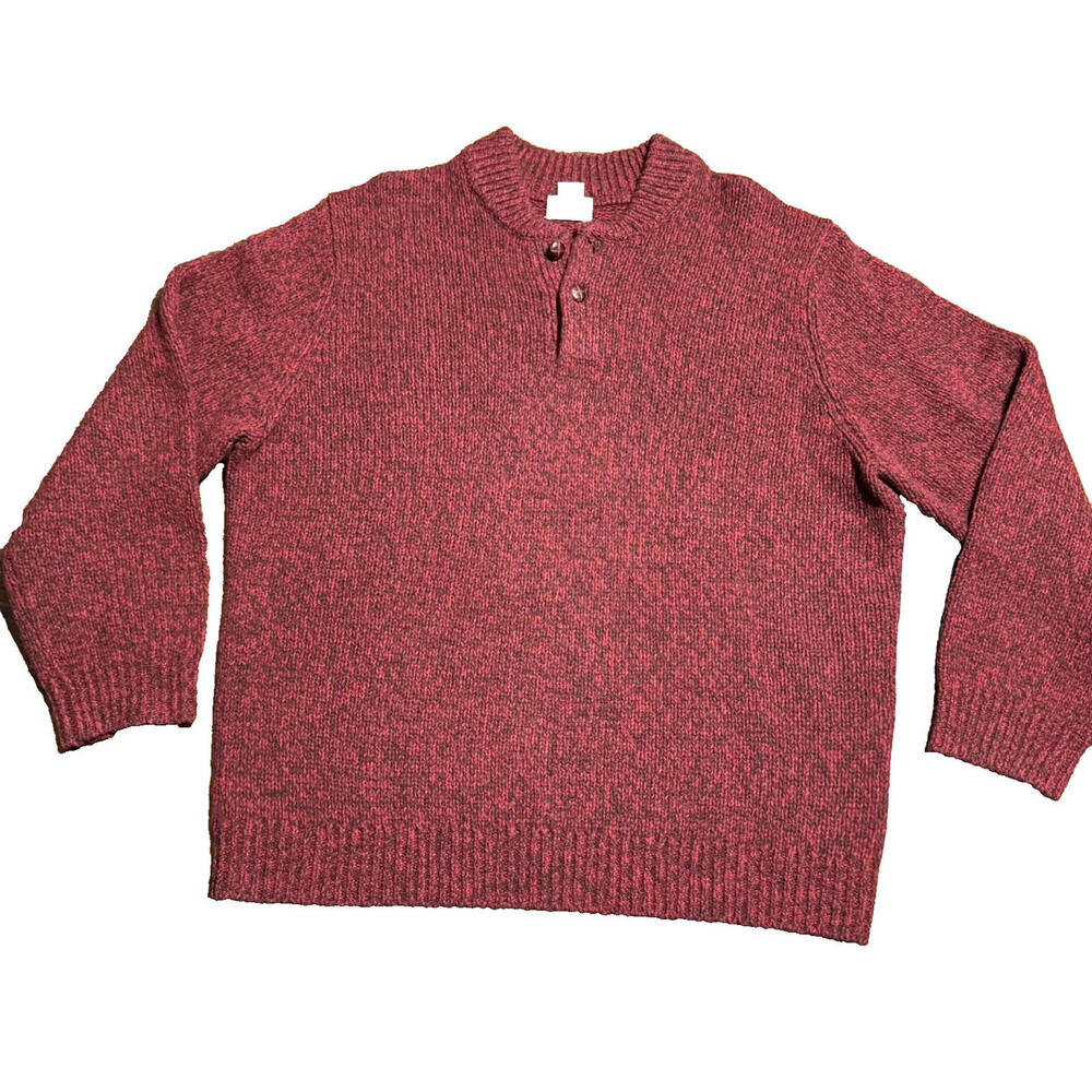 Vintage LL Bean Sweater Men's XL Marled 100% Lamb's Wool Henley Pullover Red
